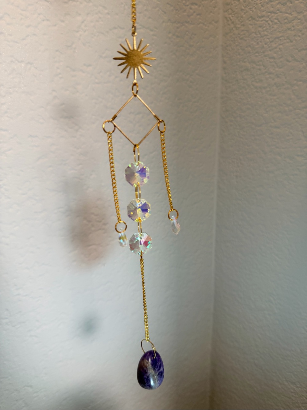 Handmade Gold Crystal Sun Hanging Suncatcher with Purple Stone